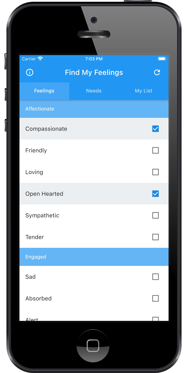 screenshot of find my feelings app on phone
